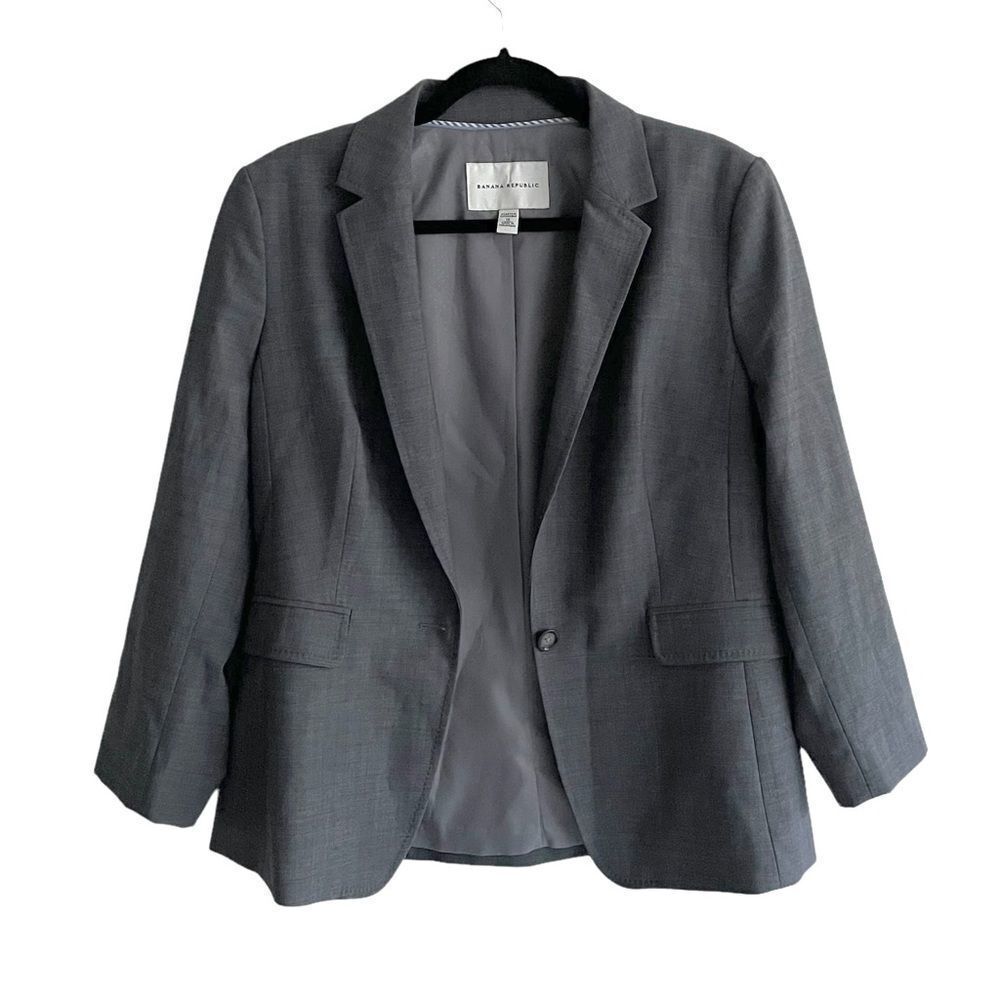 BANANA REPUBLIC Wool Stretch Button Front Blazer Jacket Charcoal Grey 12 - Picture 2 of 8